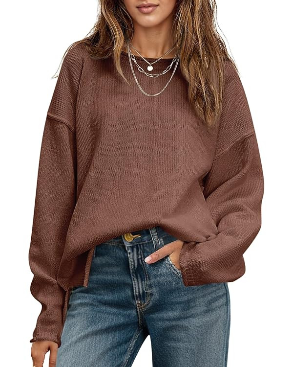 Saodimallsu Womens Oversized Crew Neck Sweaters Long Sleeve Slouchy Knit Fall Casual Loose Side S... | Amazon (US)