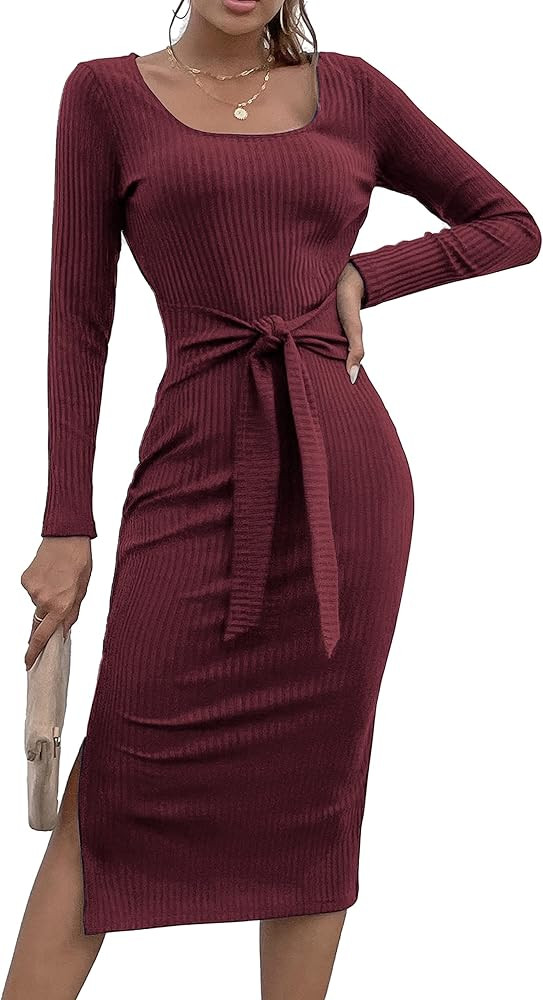 PRETTYGARDEN Women's Long Sleeve Square Neck Slit Bodycon Sweater Dress Tie Waist Ribbed Slim Fit... | Amazon (US)