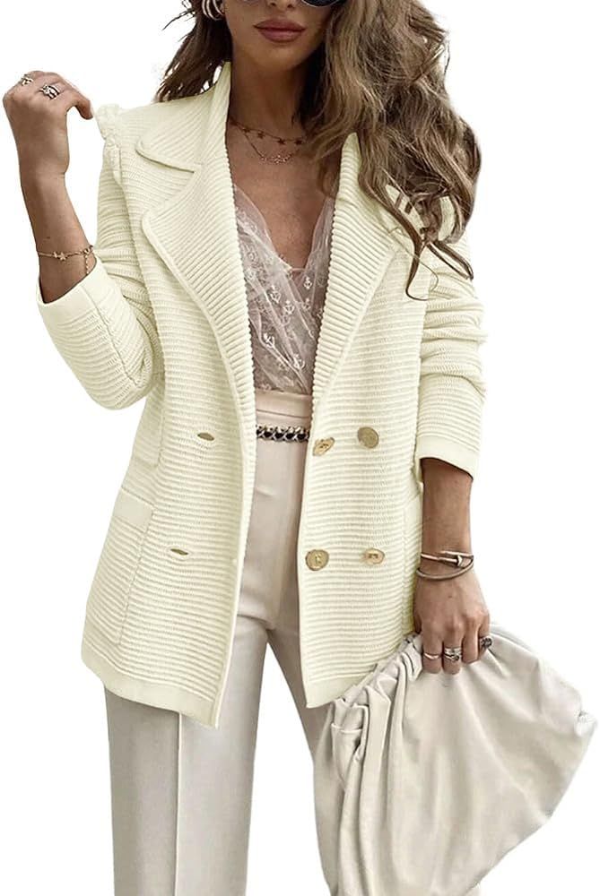 chouyatou Women's Casual Notched Lapel Double Breasted Large Pocket Ribbed Blazer Jacket | Amazon (US)