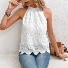 Eyelet Embroidery Scallop Trim Halter Neck Blouse | SHEIN