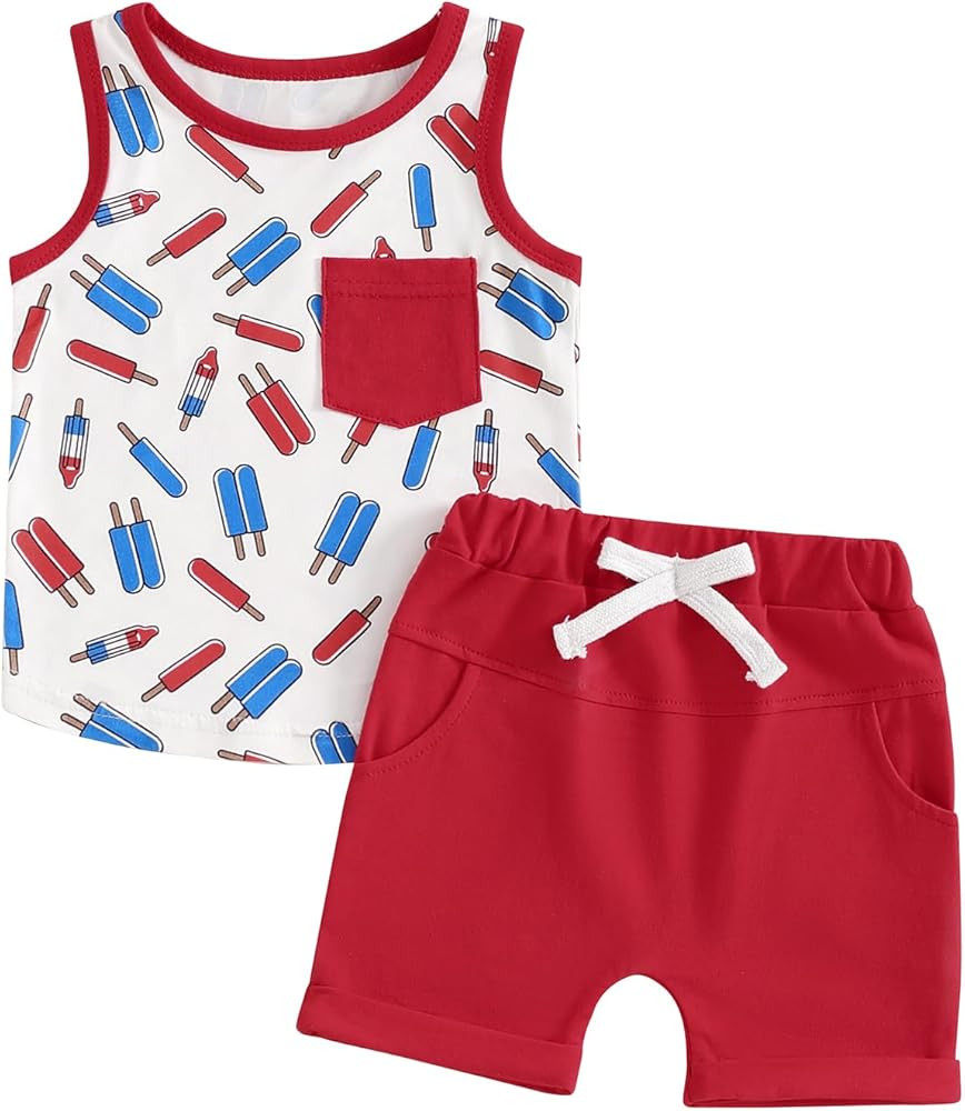 4th of July Baby Boy Outfit Stripes & Stars Print Vest Top and Drawstring Shorts 2 Piece July Fou... | Amazon (US)