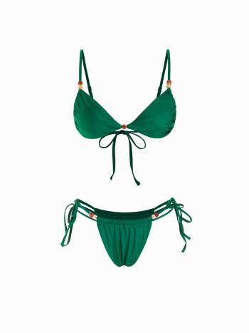 Knit Fabric High Stretch Sweetheart Triangle Bikini Set With Bead Detail For Swimming Pool Beach | Cider