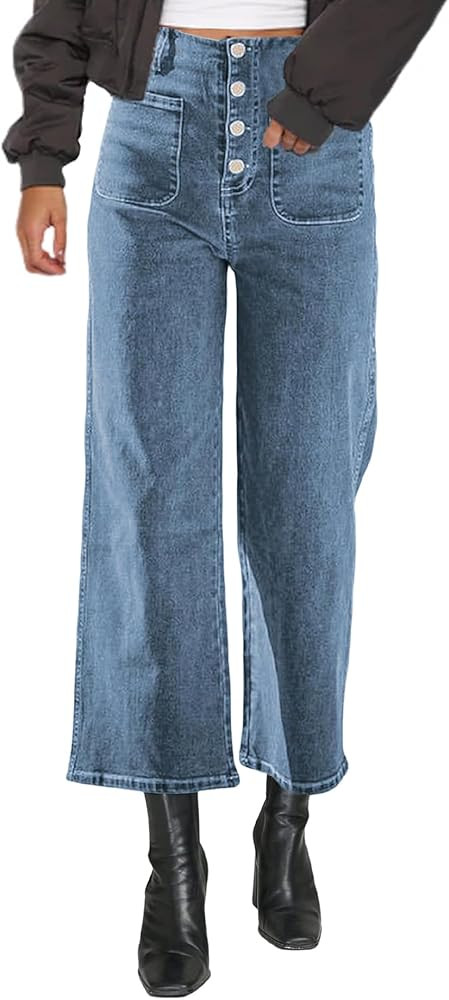 Omoone High Waisted Jeans for Women Straight Wide Leg Stretchy Loose Denim Pants with Pockets | Amazon (US)