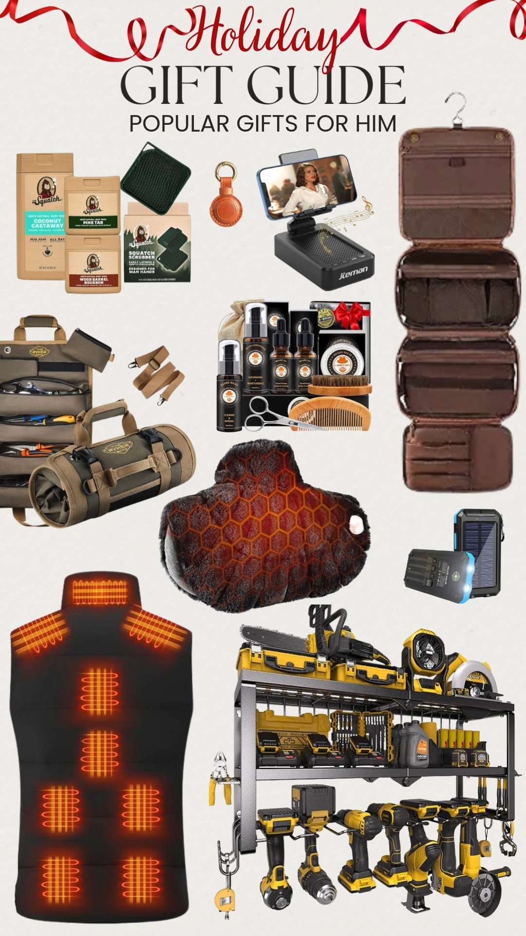 Upgrade his everyday with these popular gifts for him from the Holiday Gift Guide 🎁🔥 Cozy and practical gift ideas like a heated vest, a weighted shoulder heating pad, and a phone holder with speaker make gifting easy, thoughtful, and winter ready. Keep it classic with everyday favorites like a leather AirTag holder, a hanging toiletry bag, grooming kits, and tool holder he’ll actually use. From road trips to backyard projects, finishes like a solar powered charger and hanging tool bag bring the best mix of function and style 🛍️✨ 

 #LTKGiftGuide #LTKHoliday #LTKMens