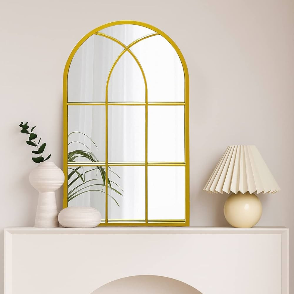 TinyTimes 24" x 42" Arched Wall Mirror, Windowpane Mirror, Vanity Mirror, Metal Framed, Arched-To... | Amazon (US)