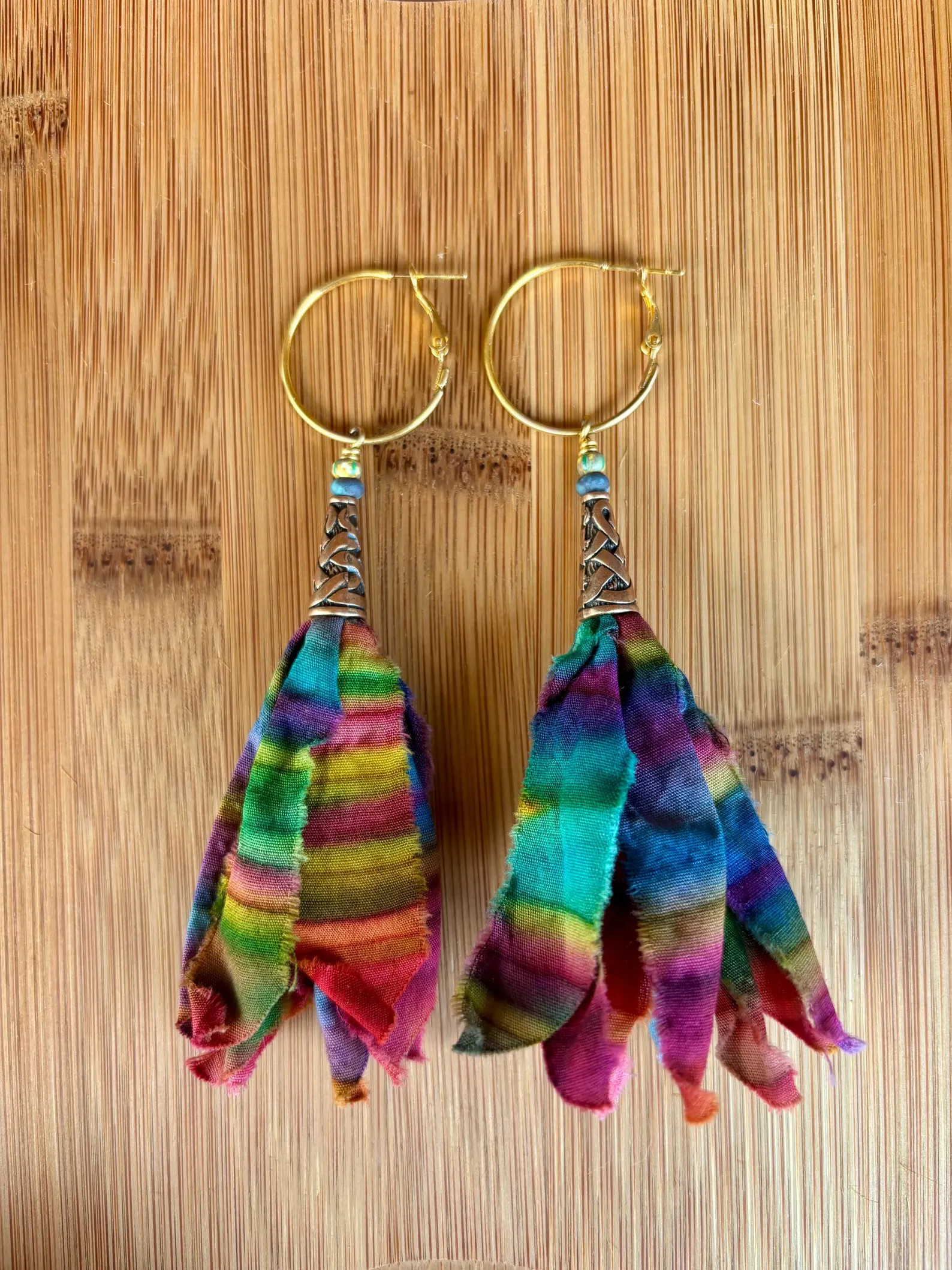 Tassel earrings with Tie Dye Fabric: Gold Hoop rainbow tassel, festival Jewelry,  chakra themed, ... | Etsy (Global)
