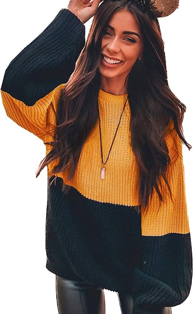Angashion Women Sweaters-Oversized Chunky Knit Color Block Drop Shoulder Batwing Sleeve Pullover ... | Amazon (US)