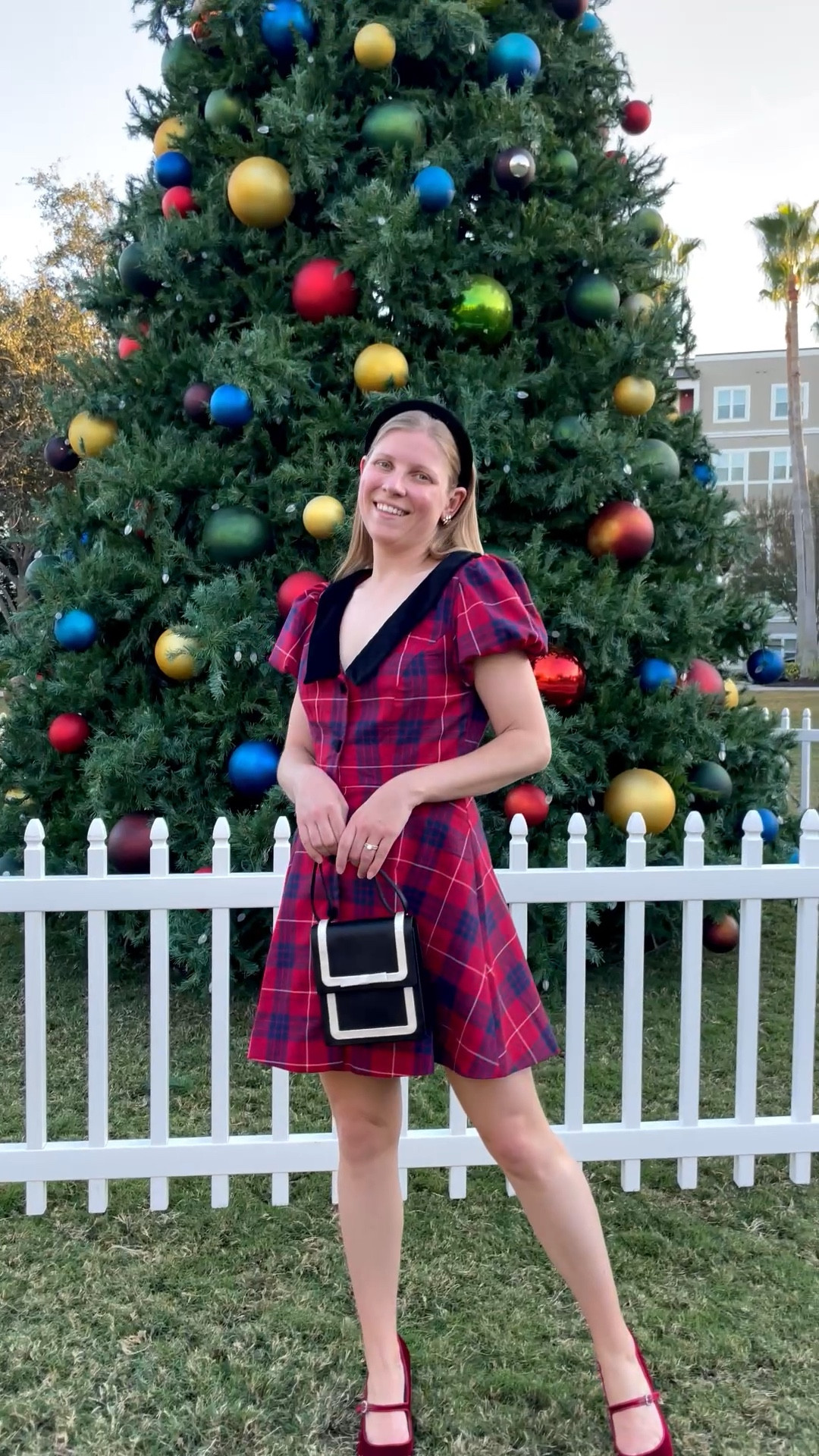 Red plaid mini dress perfect for the holiday. And don’t forget the matching red heels  