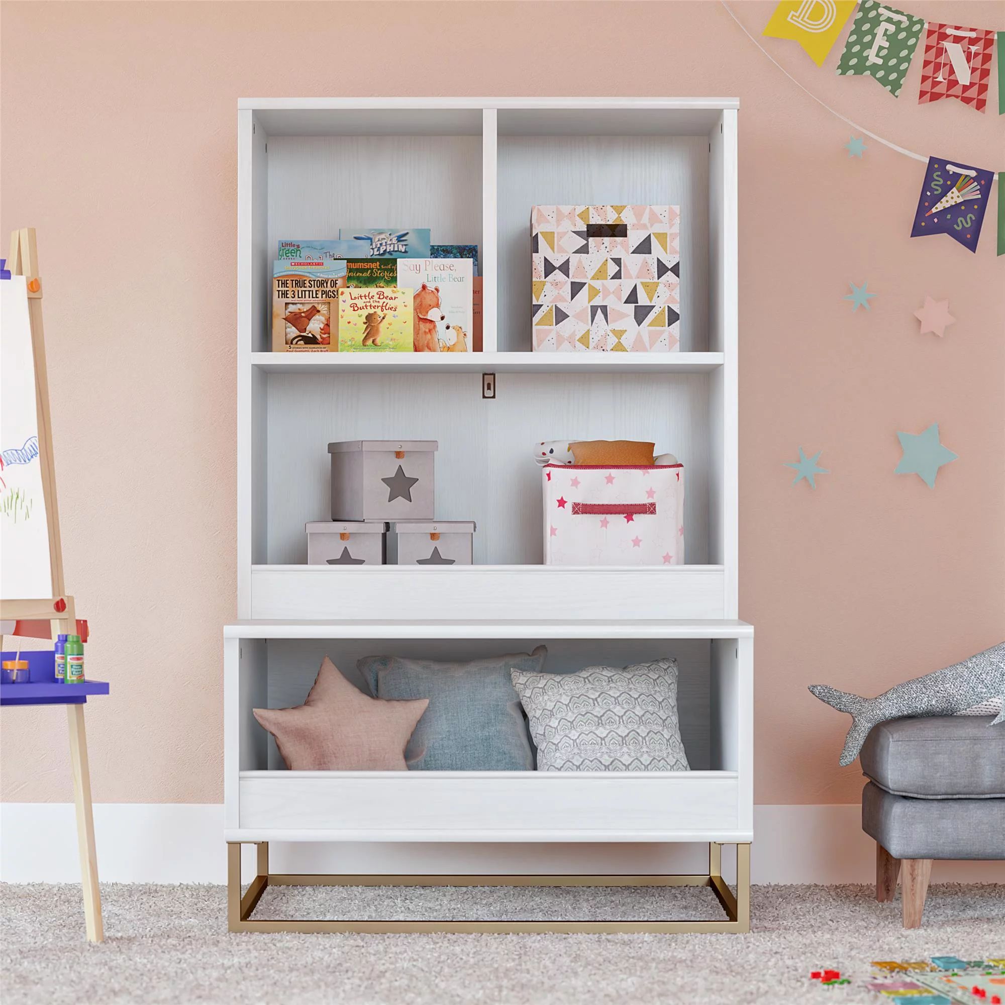 Little Seeds Charlie Kids Multi-Use Toy Storage Organizer & Bookcase, White with Golden Bronze | Walmart (US)