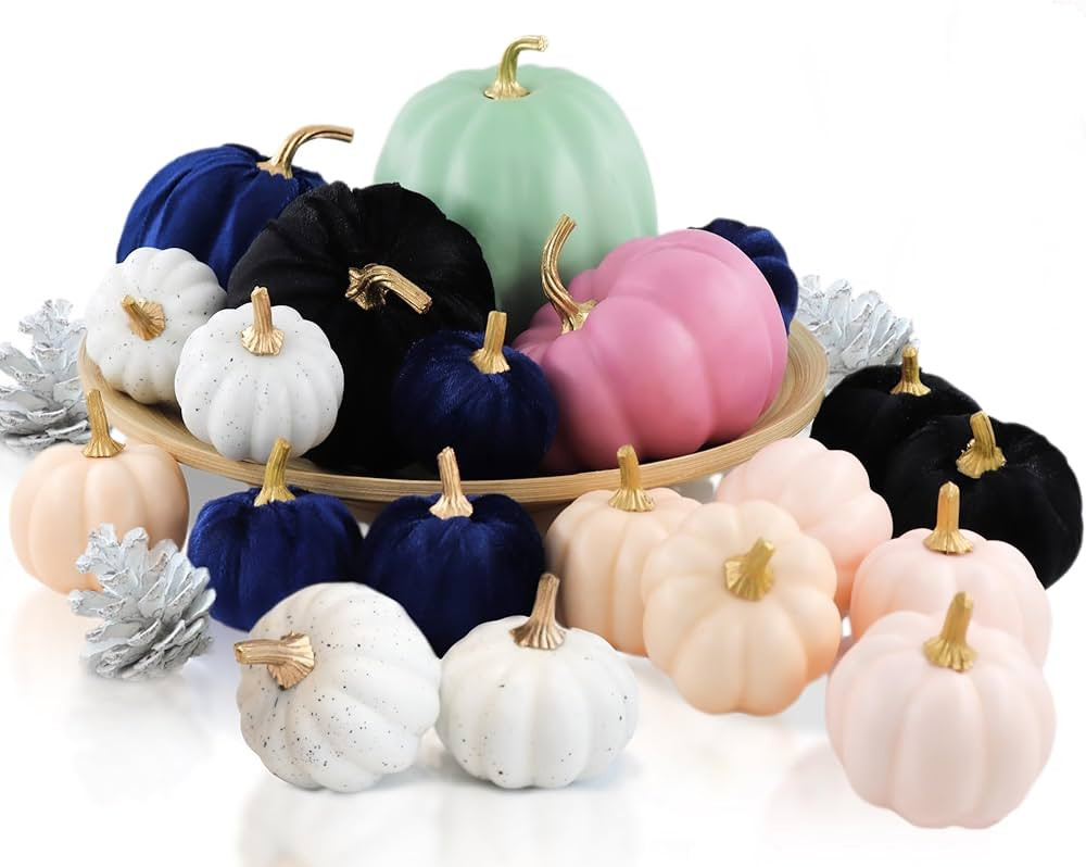 20 PCS Velvet Pumpkins for Decorating, Blue Pink Black White Foam Artificial Pumpkins for Fall Ta... | Amazon (US)