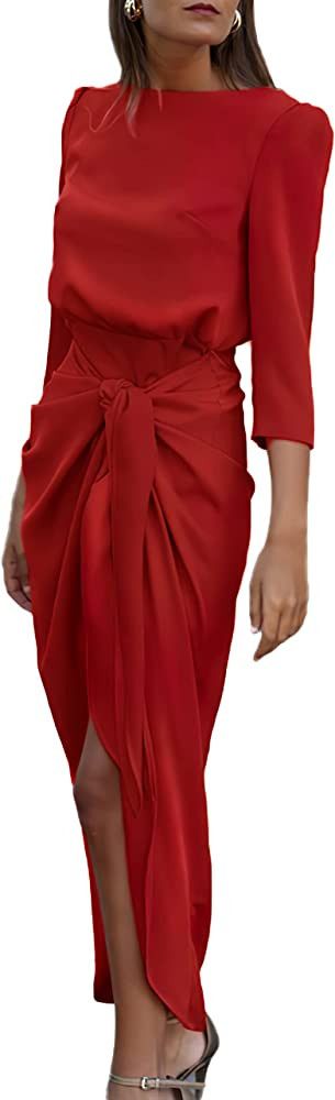 Glamaker Women’s Satin Long Sleeve Formal Dress Tie Front Elegant Pencil Midi Dress | Amazon (US)