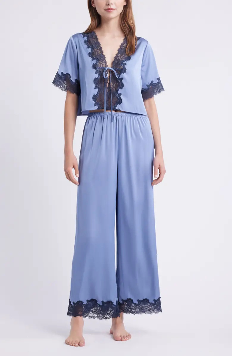 Open Edit Lace Trim Stretch Satin Crop Pajamas | Nordstrom | Nordstrom