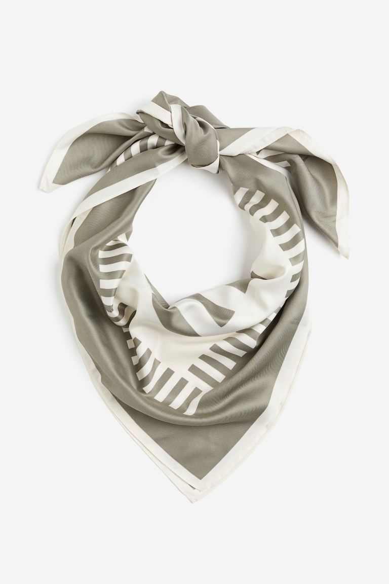 Printed satin scarf - Khaki green/Striped - Ladies | H&M GB | H&M (UK, MY, IN, SG, PH, TW, HK)