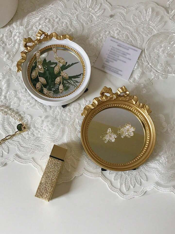 1pc INS Style Mini Vintage Golden Bow Decor Jewelry/Makeup Round Mirror, Photography Prop | SHEIN