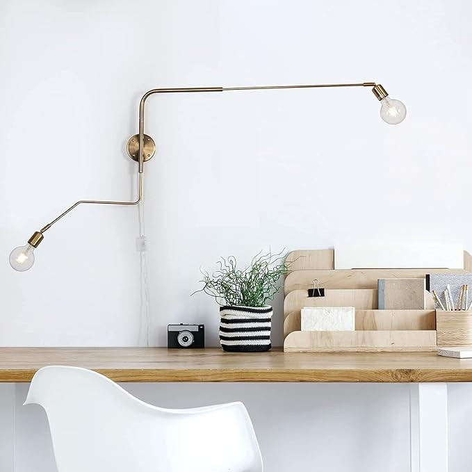 2-Lights Swing Arm Wall Sconce Plug in Ultra Thin Flexible Retro Wall Lamp Brass Plating Plug in Har | Amazon (US)