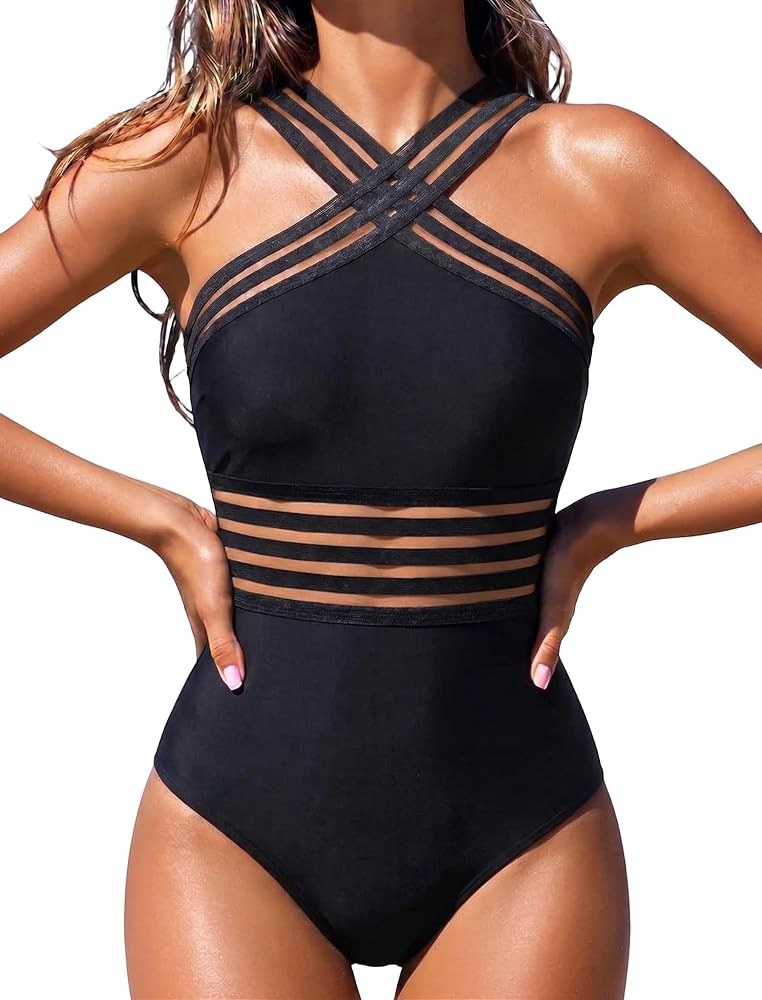Women's Tummy Control Swimsuits Slimming One Piece Bathing Suits Front Crossover Swimwear | Amazon (US)