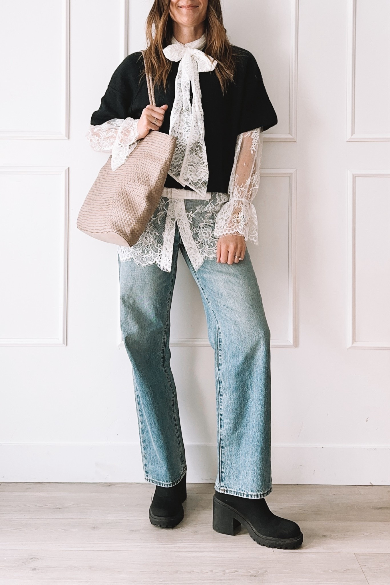 A romantic casual winter outfit styled with lace layers, relaxed denim, and chunky heeled boots. Soft, feminine details meet everyday comfort—easy to wear for winter dinners, casual date nights, or elevated everyday style.

#LTKootd #LTKmomlife #LTKgrwm