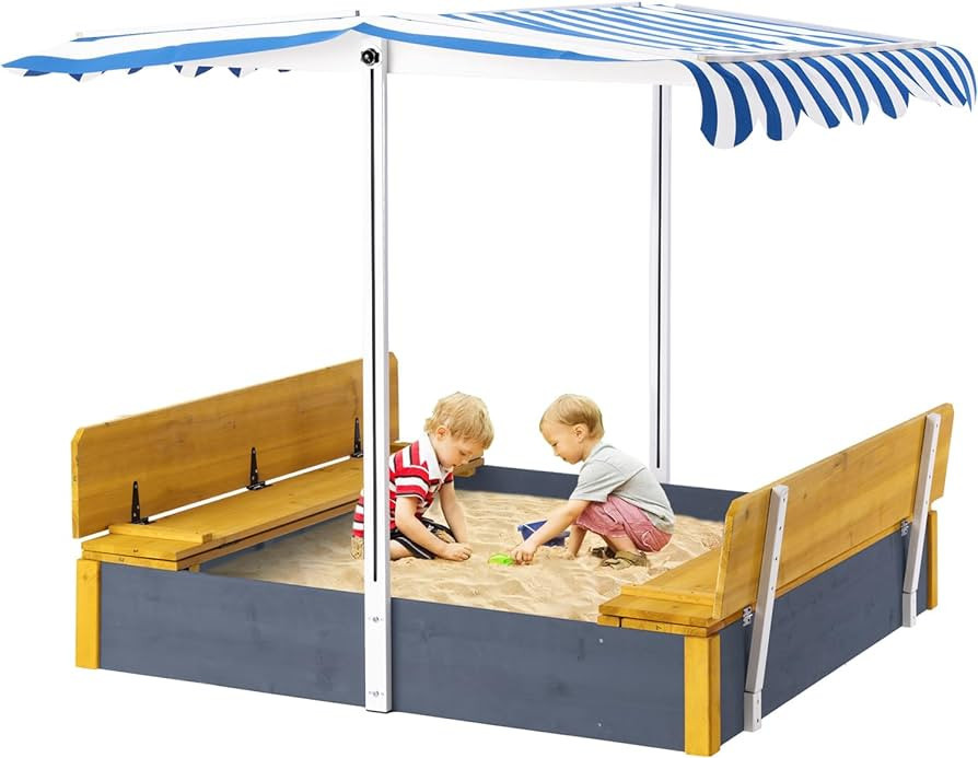 Tiuekes Kids Wooden Sandbox with Storage Box, Sand Pit with 2 Foldable Bench Seats for Aged 3-8 Y... | Amazon (US)
