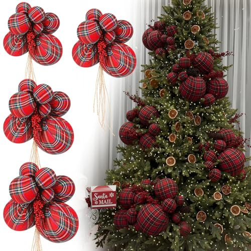 Soulchen 4 Set Large Red Buffalo Plaid Christmas Ball Ornaments | Amazon (US)