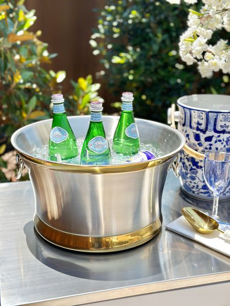 Love this gorgeous beverage tub, perfect for year-round entertaining!   I’ll be using it for holiday parties as well ✨ 
Large gold champagne bucket outdoor entertaining hosting essentials outdoor bar patio decor patio console table frontgate 

#LTKHome #LTKFindsUnder50 #LTKSaleAlert