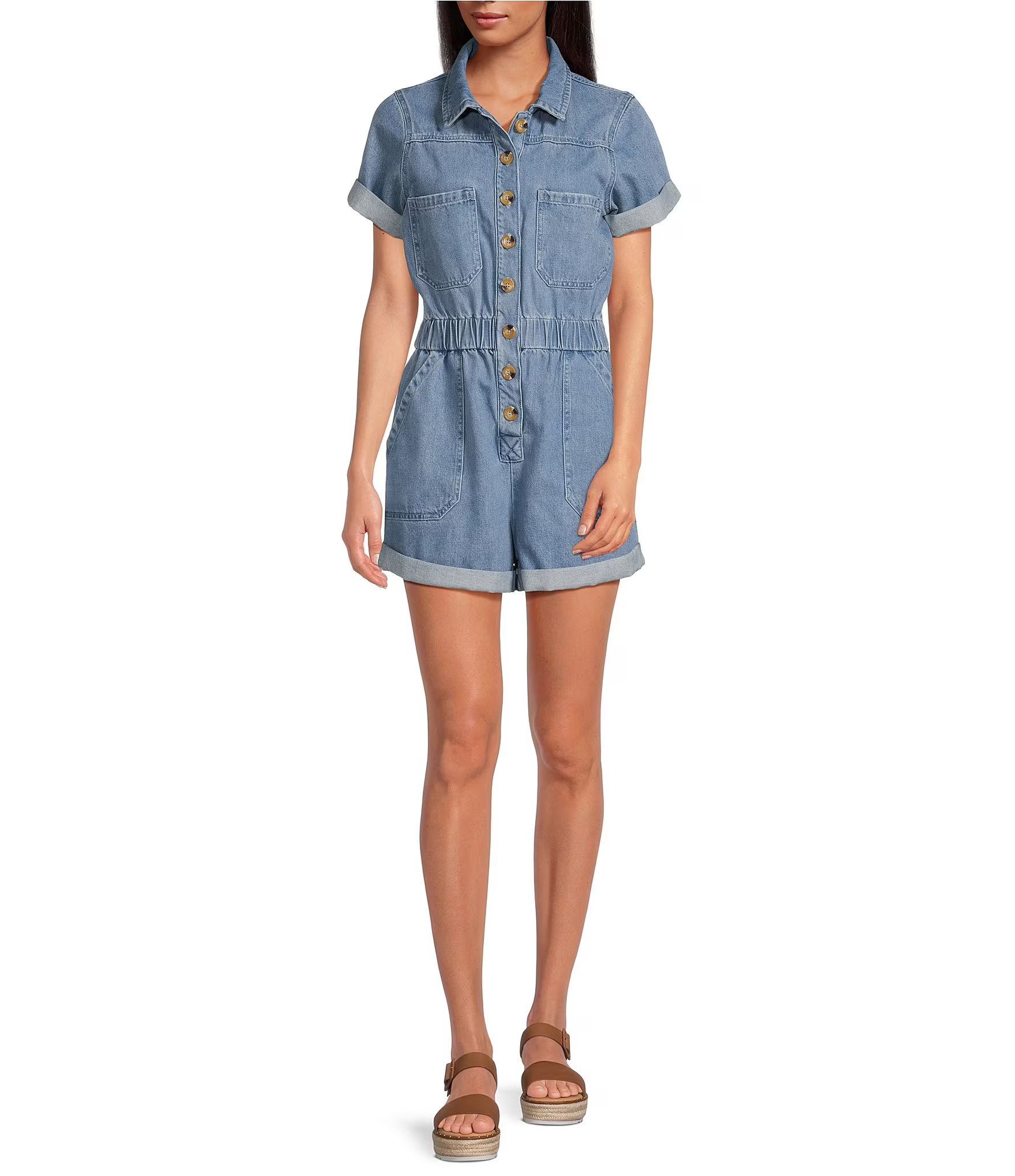 Tori Denim Short Sleeve Overall Romper | Dillard's