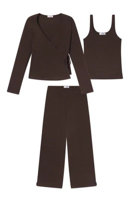 Pima Rib Wrap Three-Piece Pants Set in Cocoa Heather | Lake Pajamas