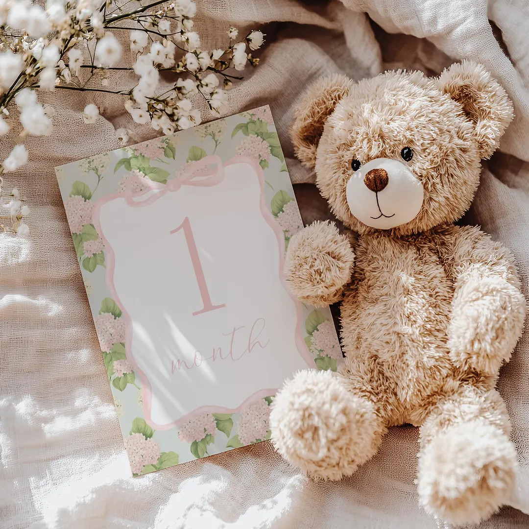 Printed Light Pink and Green Floral Milestone Cards, Gingham and Floral Ribbon Baby Monthly Miles... | Etsy (US)