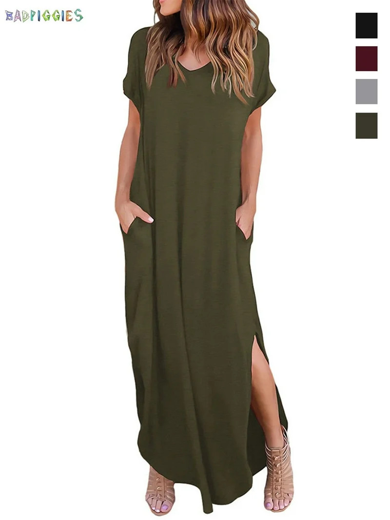 BadPiggies Short Sleeve Loose Maxi Dress with Pockets, Plain Casual Ankle Length Long Dress V Nec... | Walmart (US)
