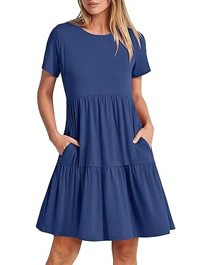ANRABESS Women Summer Casual Dress Short Sleeve Crewneck Basic Swing Beach Mini Dresses 2024 Boho... | Amazon (US)