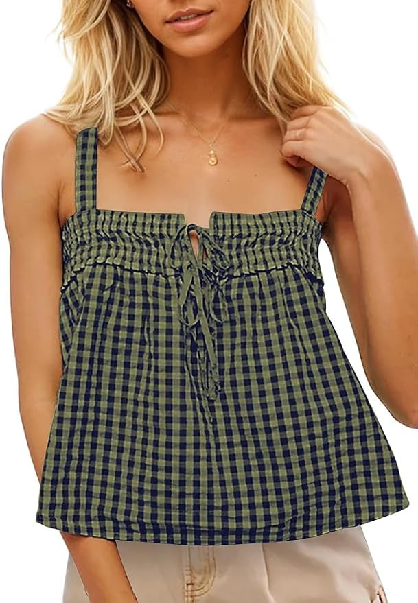 Women Plaid Cropped Camisole Tops Ruched Tie Front Square Neck Backless Loose Cute Crop Cami Tank... | Amazon (US)