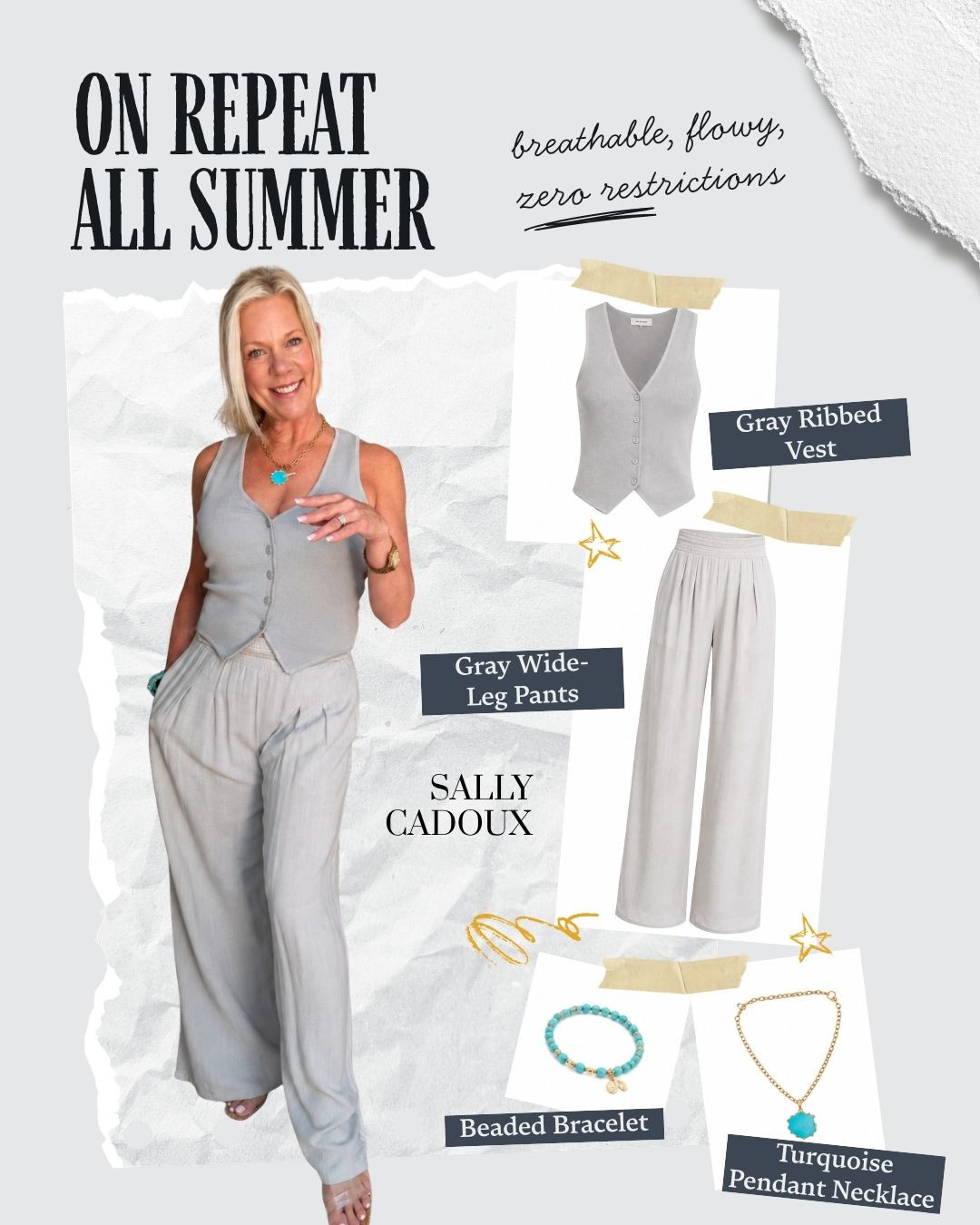 The outfit I reach for again and again this summer. 🩵

Gray ribbed vest + wide-leg linen pants — breathable, flowy, zero restrictions. Styled with a turquoise pendant necklace and turquoise beaded bracelet for an easy, elevated look.

Fashion over 50 doesn't mean sacrificing comfort for style. All pieces linked below! 🤍

#summerstyle #fashionover50 #widelegpants #linenoutfit #LTKover50 #LTKstyletip  

 #LTKootd #LTKSeasonal #LTKOver40
