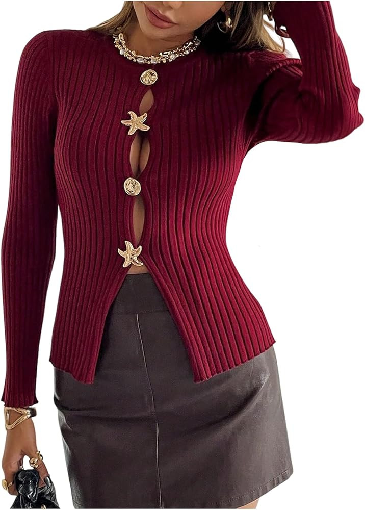SweatyRocks Women's Long Sleeve Button Down Cardigan Y2K Split Slim Fit Crew Neck Ribbed Knit Swe... | Amazon (US)