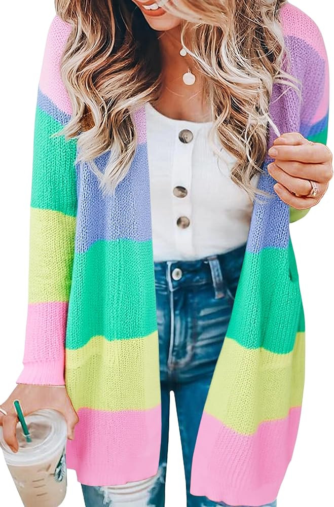 ECOWISH Cardigan Sweaters for Women Fall Causal Color Block Striped Long Sleeve Open Front Cozy K... | Amazon (US)