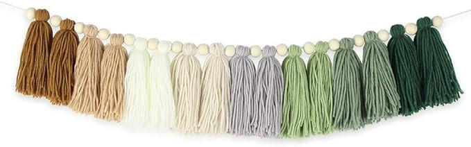 Neolifism Green Tassel Garland Decor Boho Neutral Sage Green Brown Muted Cotton Wood Bead Jungle ... | Amazon (US)