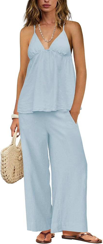 Amazon.com: ReachMe Womens 2 Piece Linen Set Spaghetti Strap Top and Wide Leg Pants Set with Pock... | Amazon (US)