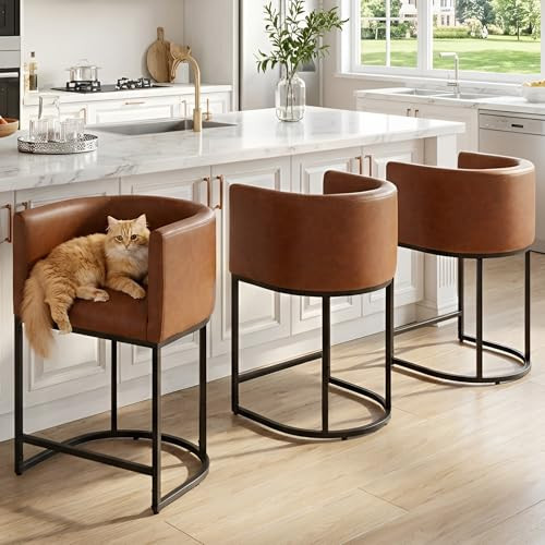 HNY Modern Barrel Counter Height Bar Stools Set of 3, 24 Inch Kitchen Bar Stools with Back, PU Leather Barstools Bar Height for Island with Black Metal Tubular Frame, Brown | Amazon (US)