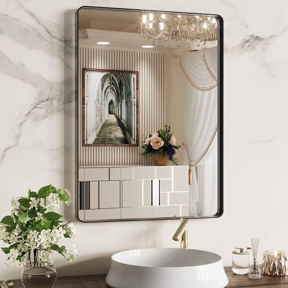 WEER Black Bathroom Mirror 22X30 Inch, Rounded Rectangle Matte Black Bathroom Vanity Mirror, Blac... | Amazon (US)