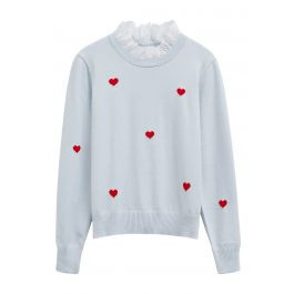 Red Heart Cotton Ruffle Spliced Knit Top in Light Blue | Chicwish