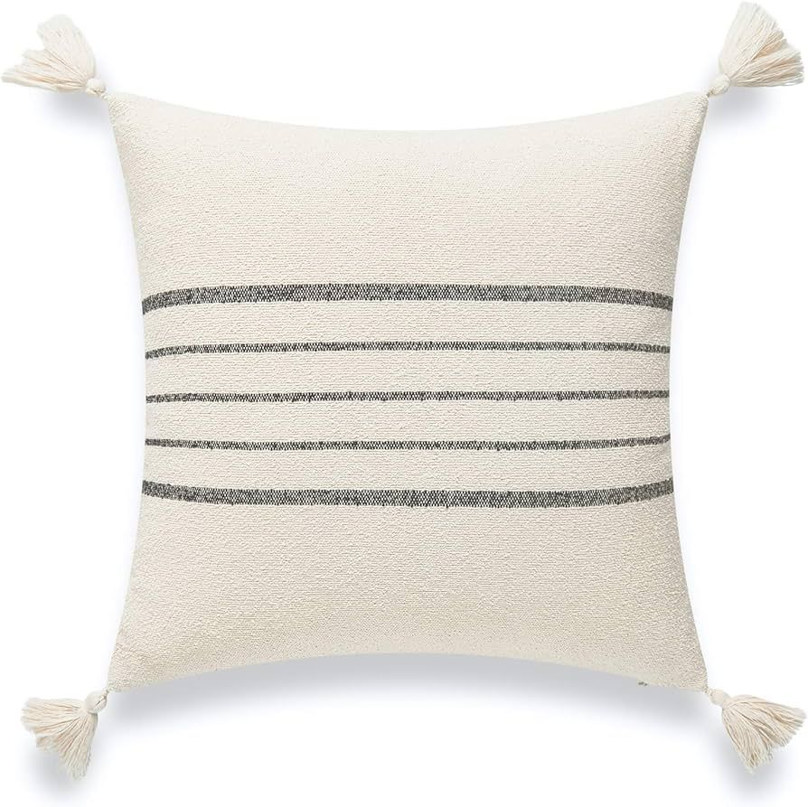 Modern Boho Morrocan Decorative Pillow Cover ONLY for Couch, Sofa, or Bed, Black Gray Center Stri... | Amazon (US)