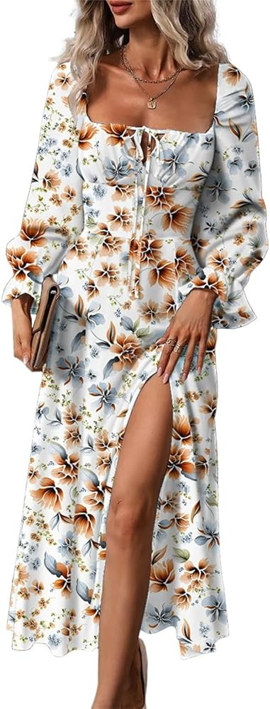 BLENCOT Women's Floral Print Puff Long Sleeve Maxi Dress Sexy Square Neck Tie Front Ruffle Hem Sp... | Amazon (US)