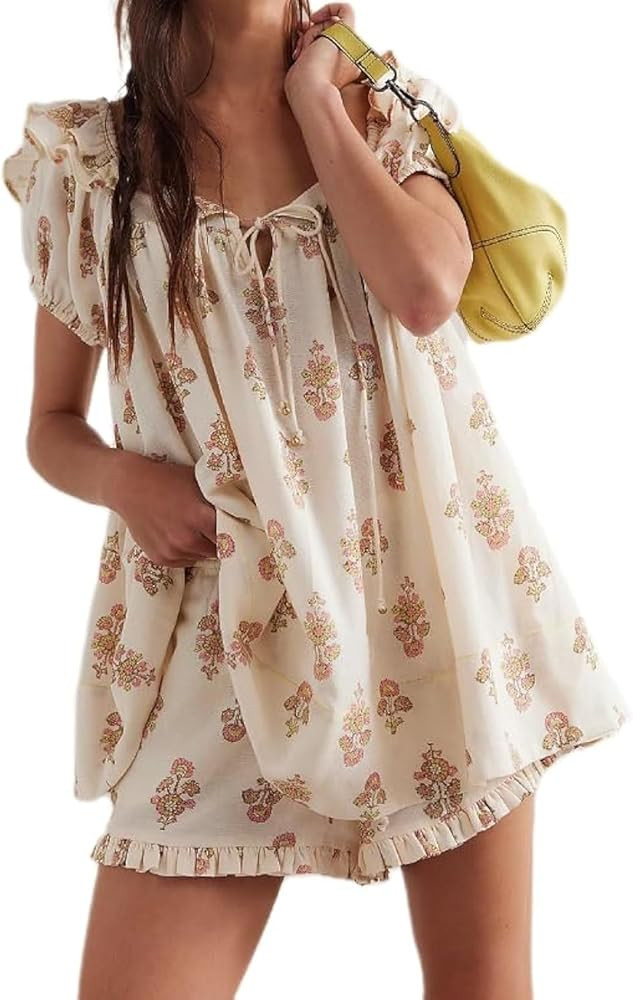 NUFIWI Women Floral Babydoll Tops 2 Piece Lounge Sets Square Neck Puffy Short Sleeves Peplum Shir... | Amazon (US)