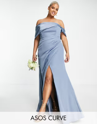 ASOS DESIGN Bridesmaid Curve satin bardot drape wrap maxi dress in dusky blue | ASOS (Global)