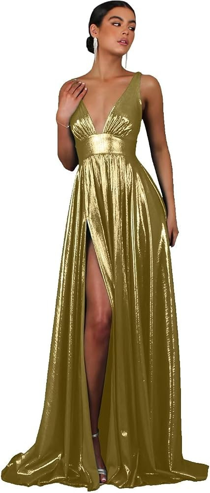 Fivsole Metallic Long Prom Dresses for Women 2024 with Slit Satin Ball Gown Saprkly Formal Evenin... | Amazon (US)