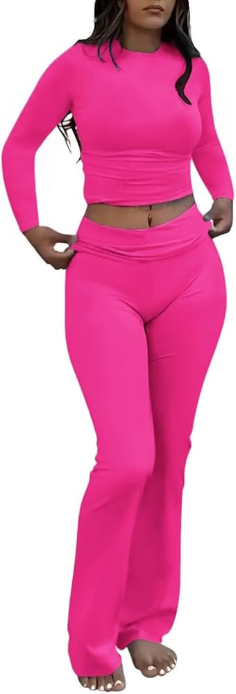 AYWA Women's 2 Piece Outfits Foldover Flare Pants Long Sleeve Crew Neck T-shirt Fitted Pajama Set... | Amazon (US)