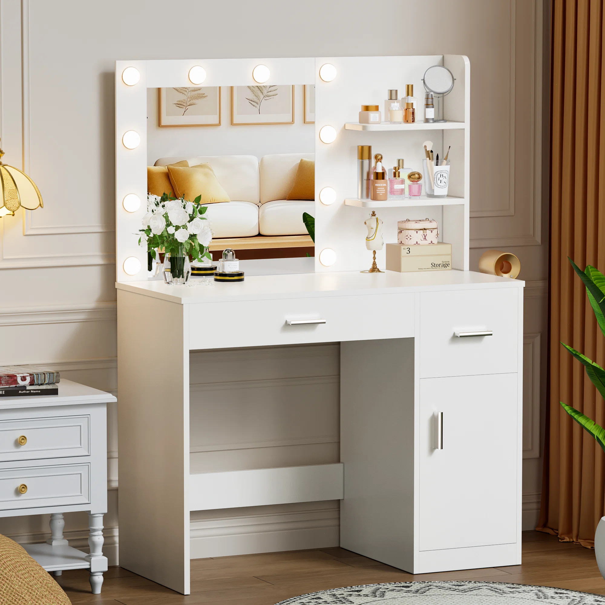 Oveson Vanity Desk with Lighted Mirror & Power Outlet, Makeup Vanity with Drawer & Cabinet | Wayfair North America