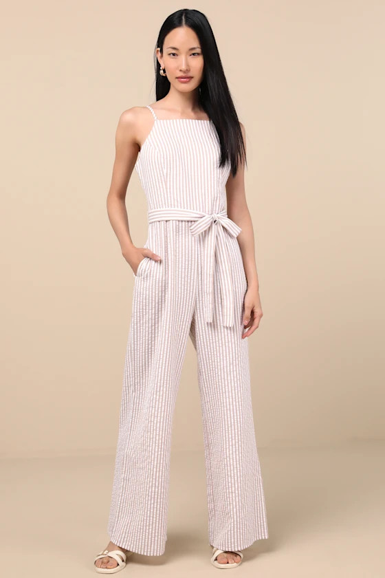 Messina Beige Striped Wide-Leg Jumpsuit | Lulus