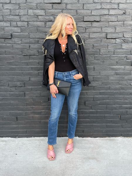 Date night
Black bodysuit 
Black faux leather jacket
Mother denim

#LTKstyletip