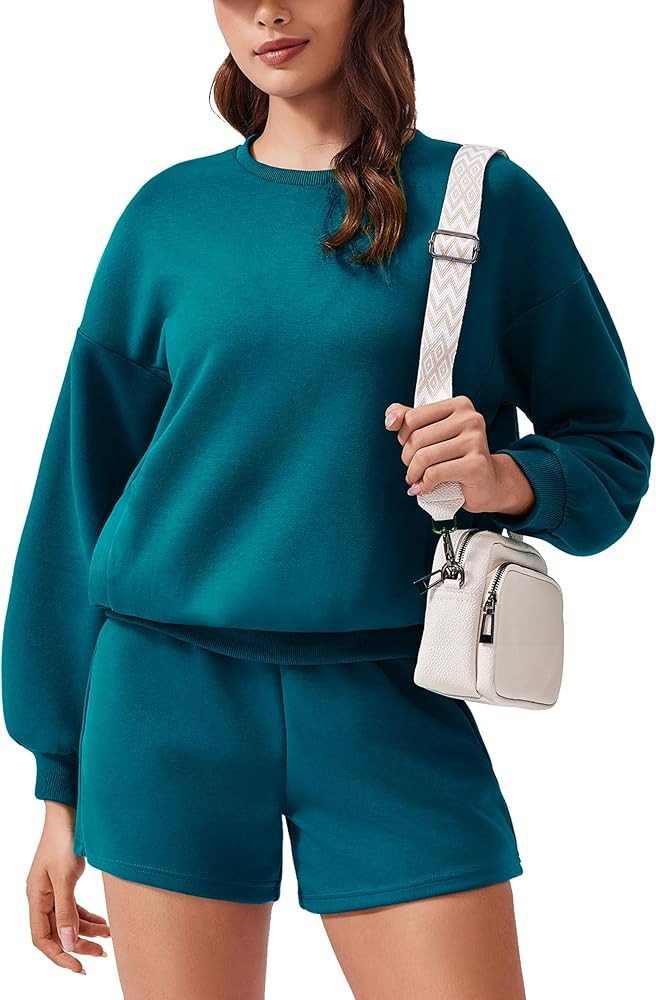 PINSPARK Two Piece Sets for Women 2024 Fall Outfits Sweatsuit 4 Pockets Sweat Short Sets Casual M... | Amazon (US)