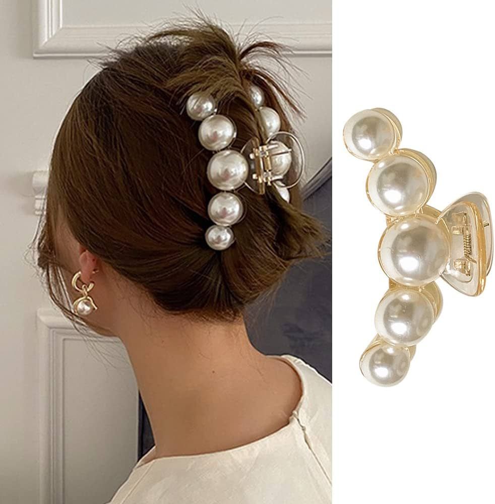 Large Pearl Hair Claw Clips Strong Hold Hair Jaw Clips Nonslip Champagne Color Claw Clips for Hai... | Amazon (US)