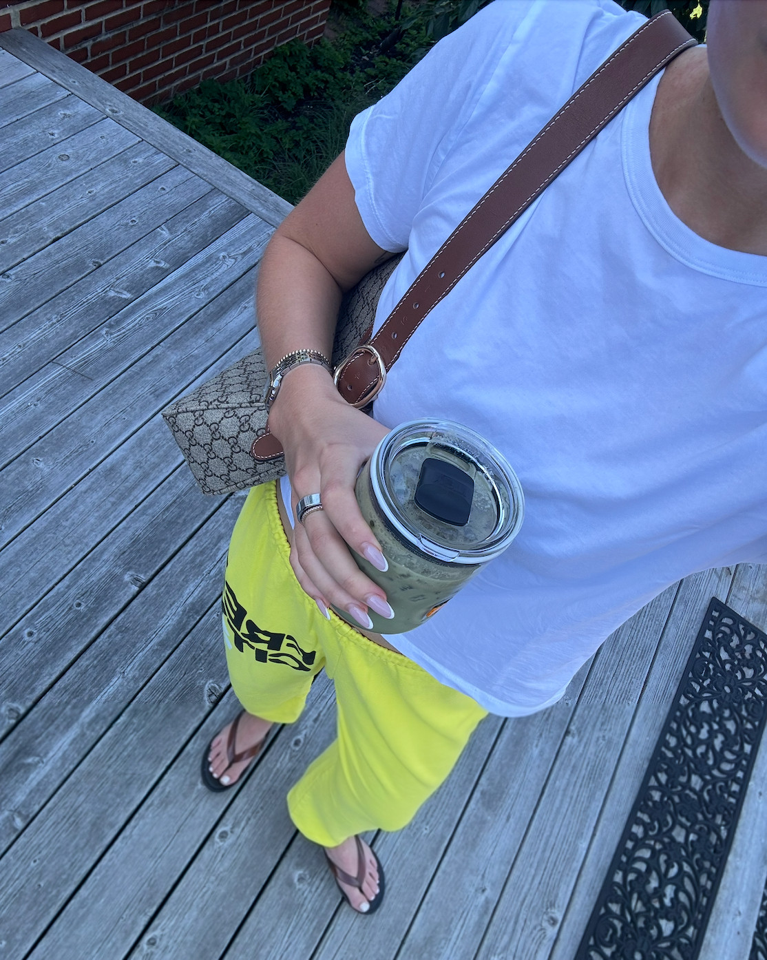 size small t shirt, steve madden flip flops are old but linked similar ones! free city pants found on depop! 

 
